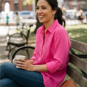 Sag Harbor Bright Pink Linen Blend Pintuck Roll-Tab Sleeve Button-Down Shirt